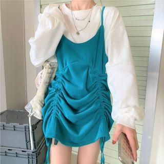 Mock Two-piece Drawstring Mini Sweatshirt Dress