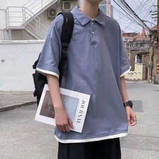 Elbow-sleeve Contrast Trim Collared T-shirt