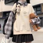 Mock Two-piece Plaid Sweatshirt / Pleated A-line Skirt / Set