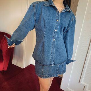Snap-button Dart-detail Denim Shirt Blue - One Size