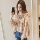 Long-sleeve Frill Trim Patterned Chiffon Blouse