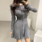 Long-sleeve Pleated Knit Mini A-line Dress