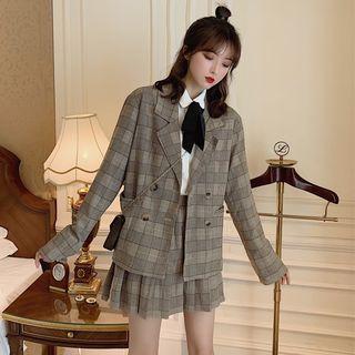 Plain Shirt / Plaid Double-breasted Blazer / Mini Pleated Skirt