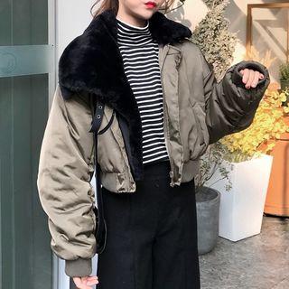 Furry Collar Cropped Padded Bomber Jacket
