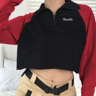 Lettering Embroidered Half-zip Raglan Sweatshirt