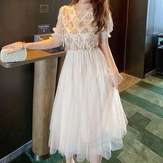 Sequined Mesh Panel Short-sleeve Midi A-line Dress