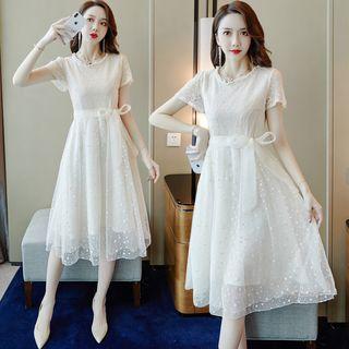 Tie-waist Short Sleeve Lace A-line Dress