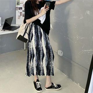 Wave Print Midi A-line Skirt Black - One Size