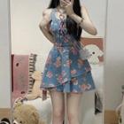 Set: Sleeveless Floral Lace-up Corset Dress + Arm Sleeves