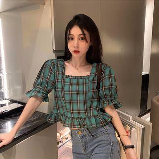 Puff-sleeve Square Neck Ruffled-trim Blouse