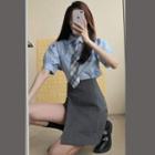 Puff-sleeve Tie-neck Shirt / Mini A-line Skirt