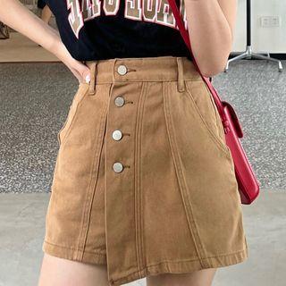 Plain Asymmetrical Botton High-waist A-line Denim Shorts Skirt