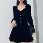 Long-sleeve Sweetheart Neckline Velvet Mini A-line Dress