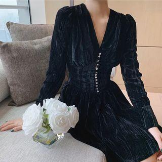 Puff Sleeve V-neck Velvet Cocktail Dress
