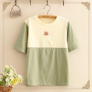 Dog Embroidered Color Panel Short Sleeve T-shirt