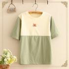 Dog Embroidered Color Panel Short Sleeve T-shirt