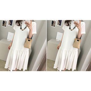 Short-sleeve Round-neck Ruffle-hem Midi Dress