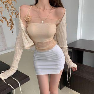 Long-sleeve Sheer Top Almond - One Size