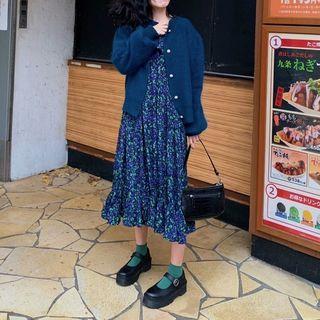 Plain Cardigan / Long-sleeve Floral Print Ruffled Midi A-line Dress