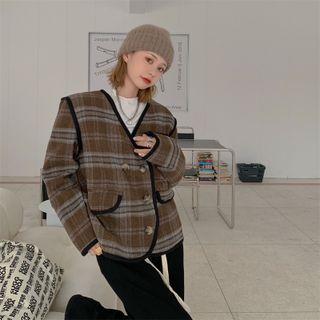 Double-breasted Plaid Blazer Plaid - Coffee - One Size