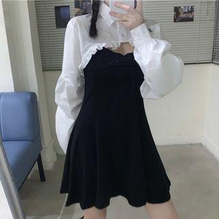 Long-sleeve Frill Trim Crop Shirt / Spaghetti Strap Mini A-line Dress