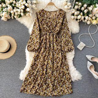 Square-neck Long-sleeve Floral Dress