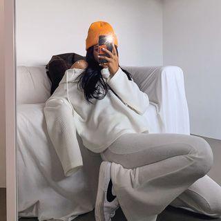 Set: Henley-neck Napped Hoodie + Boot-cut Pants