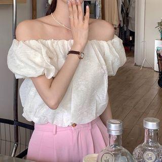 Puff-sleeve Off-shoulder Plain Blouse Light Almond - One Size