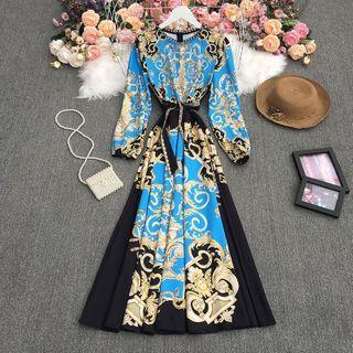 Long-sleeve Printed Midi A-line Dress Blue - One Size