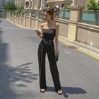 Ribbed Wide-leg Tube Jumpsuit With Sash