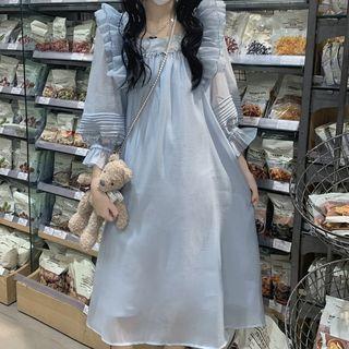 Long-sleeve Ruffled Midi Dress Blue - One Size