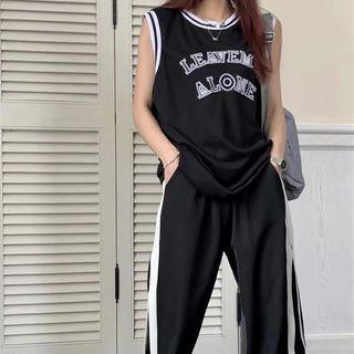 Letter Print Oversized Basketball Tank Top / Striped Wide-leg Sweatpants