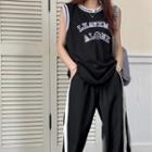 Letter Print Oversized Basketball Tank Top / Striped Wide-leg Sweatpants