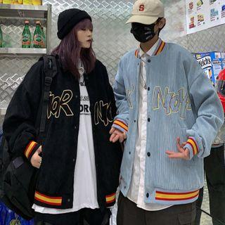 Lettering Embroidered Corduroy Baseball Jacket