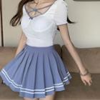 Two-tone Cross Strap Top + High-waist Pleated Mini Skirt