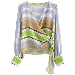 Long-sleeve Striped Wrap Blouse