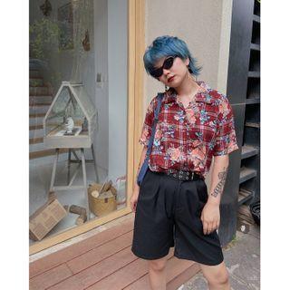 Plaid Floral Print Short-sleeve Blouse
