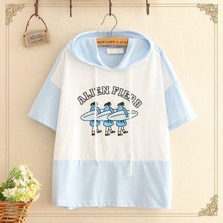 Color-block Printed Short-sleeve Hoodie