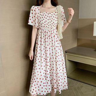 Square-neck Short-sleeve Dotted Midi A-line Dress