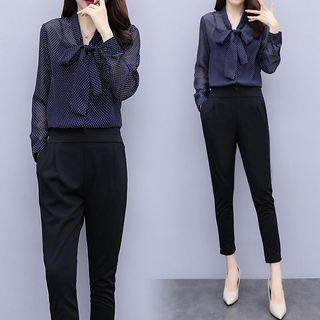 Set: Dotted Ribbon-neck Chiffon Shirt + Cropped Pants