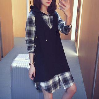 Set: Hooded Long Plaid Shirt + V-neck Knit Vest