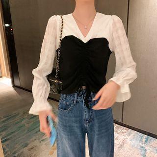 Two-tone Panel Drawstring Long-sleeve Top