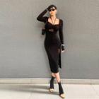 Long-sleeve Lace Trim Side-slit Midi Sheath Dress