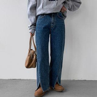 Slit-hem Napped Wide-leg Jeans