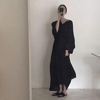 Long-sleeve Maxi A-line Dress Black - One Size