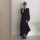 Long-sleeve Maxi A-line Dress Black - One Size