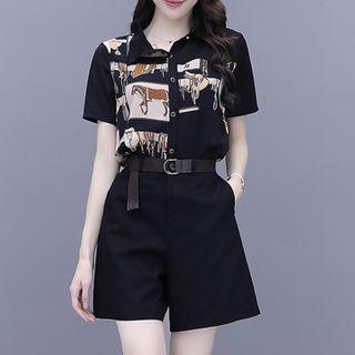Set: Short-sleeve Graphic Print Chiffon Blouse + Wide Leg Shorts