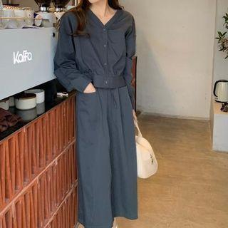 Long-sleeve Button-up Blouse / Midi Skirt