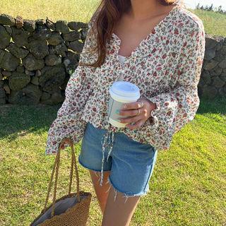 Frilled-detail Floral Print Blouse Ivory - One Size