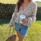 Frilled-detail Floral Print Blouse Ivory - One Size